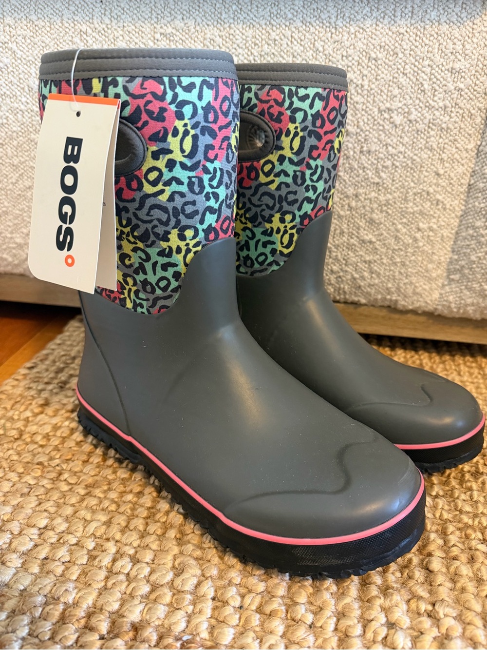 NWT Bogs Classic Boots - Gray with Multicolor Leopard Cuff